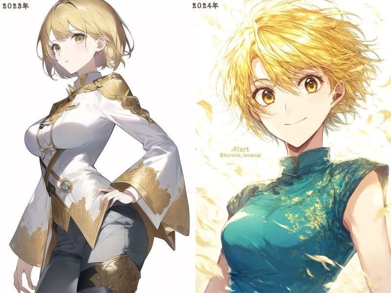 Left: text2image (NAI v1) Right: text2image + Self-created drawing Vibe Transfer (NAI V3)