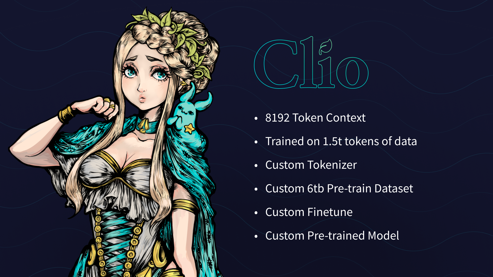 Fresh out of the Shoggy (H100 Supercompute Cluster) oven: Clio is the muse of history, the proclaimer and celebrator of great deeds and accomplishments! She packs a powerful punch above her size, like all NovelAI models!